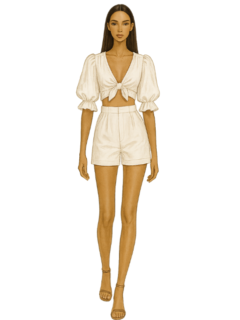 A woman wearing a silk blend ruffle blouse.